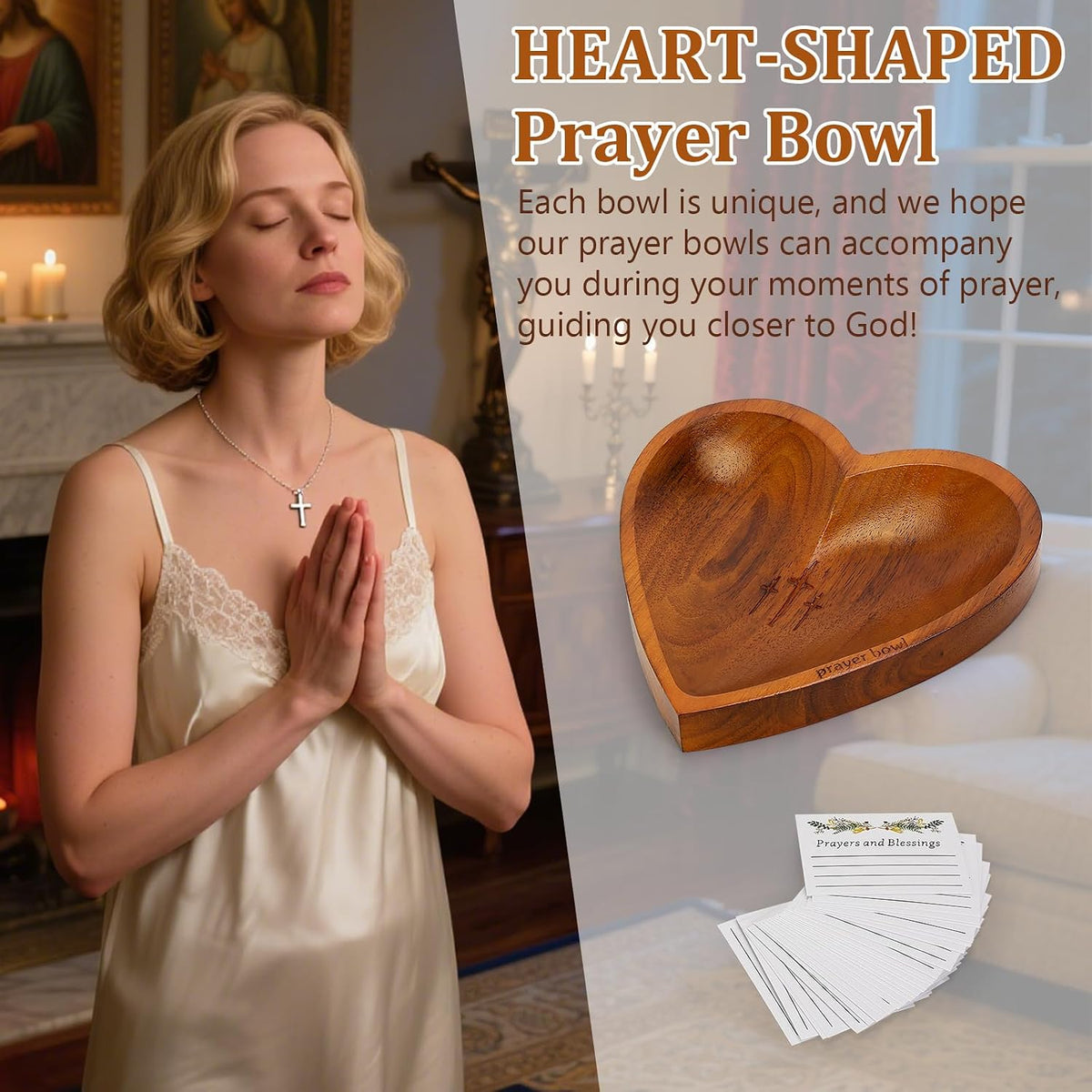 Prayer Bowl with 24 Blessing Cards Wooden Prayer Bowl Rustic Heart Shaped Decor Dough Bowls Christian Gifts for Mom Dad (Dark)