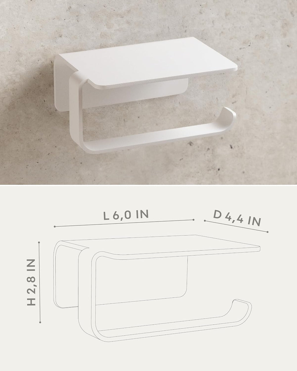 KAZAI. Toilet Paper Holder Wall Mount No Drill | Adhesive Toilet Paper Holder with Shelf | Bathroom Tissue Holder | Metal Toilet Paper Roll Dispenser | White