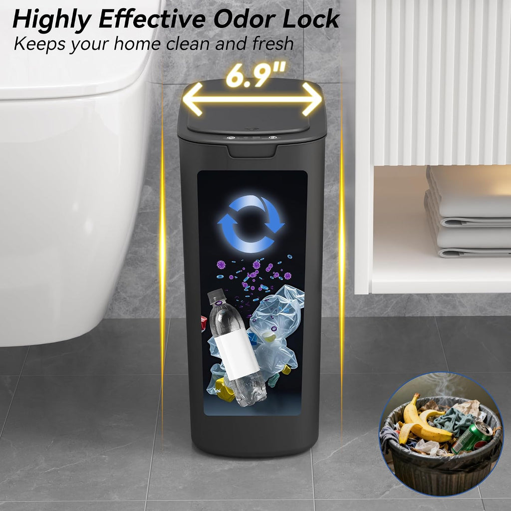 FRESHLIX 5 Gallon Bathroom Automatic Trash Can with Lid, Motion Sensor Touchless Trash Bin,Smart Electric Slim Waterproof Garbage Bin for Toilet, Office, Kitchen, Bedroom, Living Room (Black)