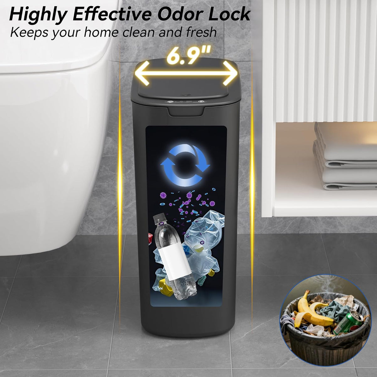 FRESHLIX 5 Gallon Bathroom Automatic Trash Can with Lid, Motion Sensor Touchless Trash Bin,Smart Electric Slim Waterproof Garbage Bin for Toilet, Office, Kitchen, Bedroom, Living Room (Black)