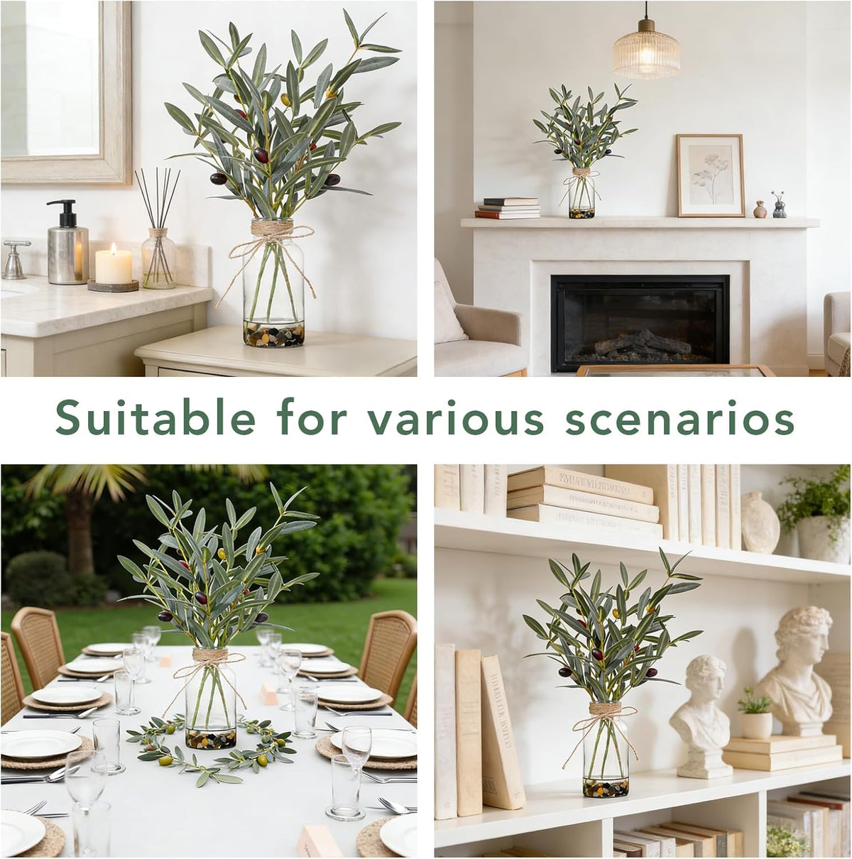 Artificial Olive Branches in Glass Vase, 15.74-in Faux Greenery