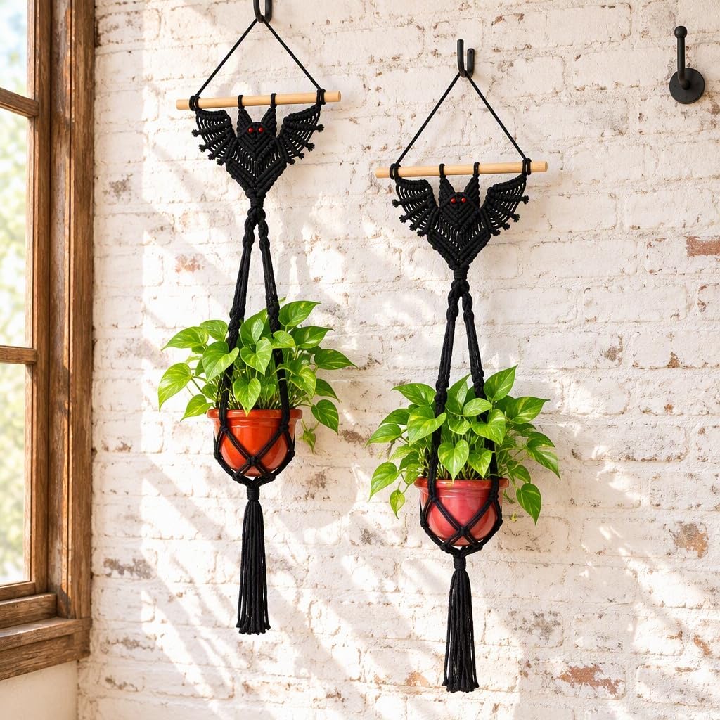 2-Pack Boho Bat Shape Gothic Plant Hanger, Macrame Handmade Pot Holder with Wooden Stick, Black Color Pot Holder for Indoor/Garden/Porch Decoration 40"X11.8" (No Pot & Plant Included)