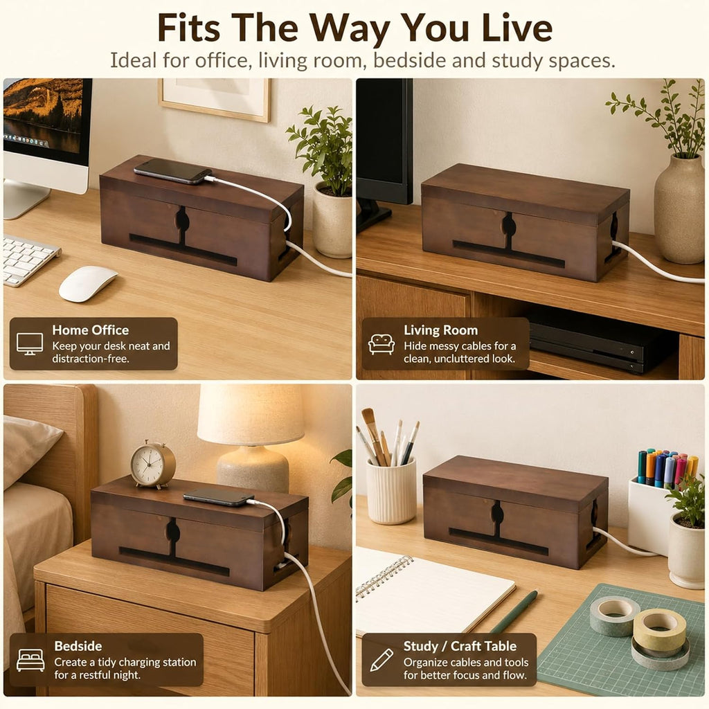 Wood Cable Management Box for Power Strip, Solid Wood Cord Organizer Box with Lid, Wire Storage Box for Desk, Living Room, Office and Media Setup