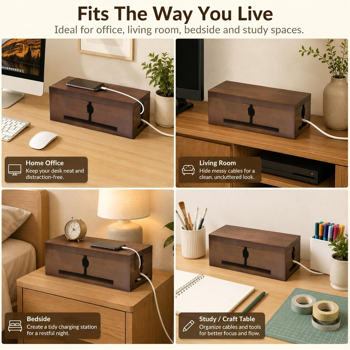 Wood Cable Management Box for Power Strip, Solid Wood Cord Organizer Box with Lid, Wire Storage Box for Desk, Living Room, Office and Media Setup