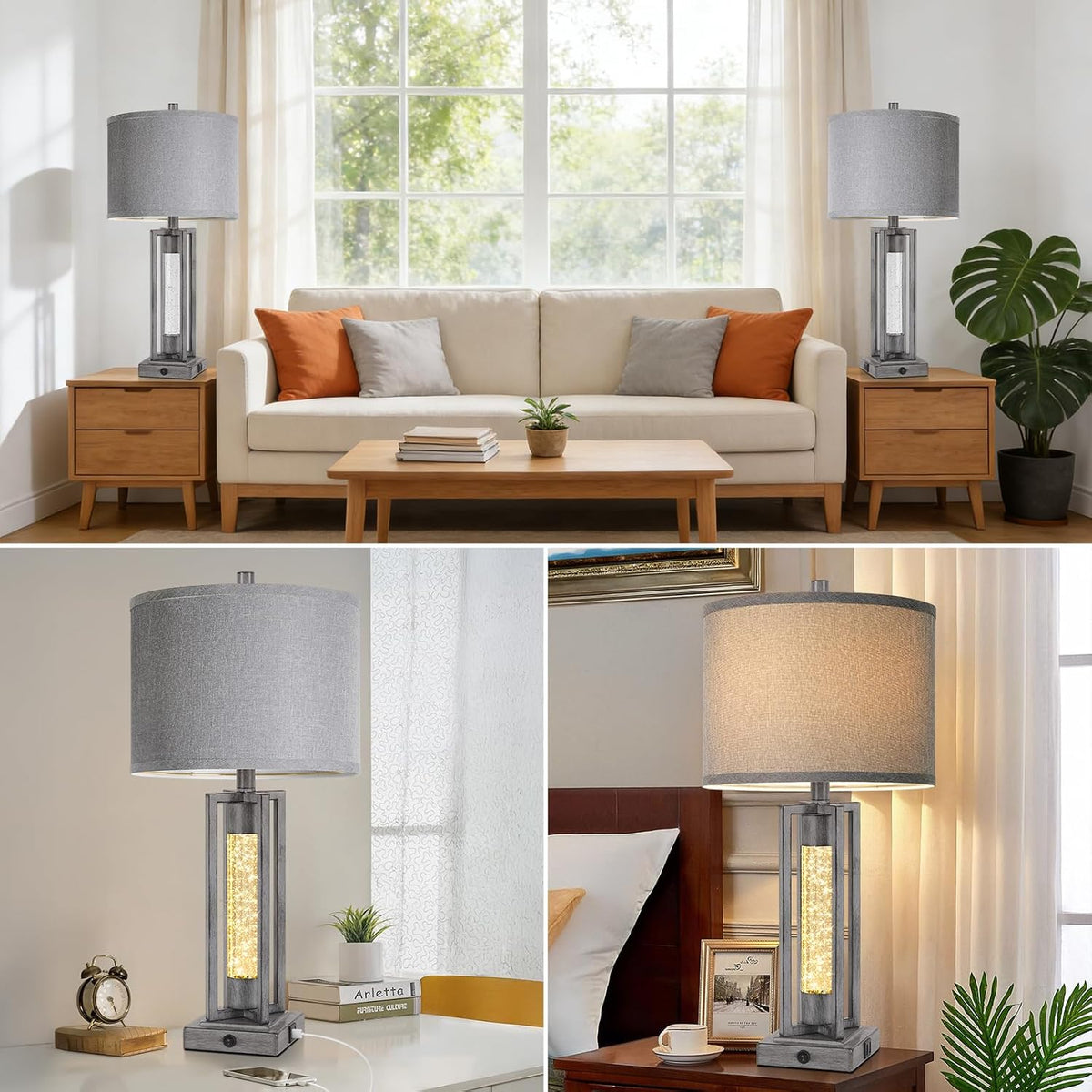 TOBUSA 26’’ Farmhouse Table Lamps for Living Room Set of 2, Modern Nightstand Lamps with Crystal Night Light & 2 USB Ports, Vintage Home Decor Grey Bedside Lamps with Gray Linen Shade for Bedroom