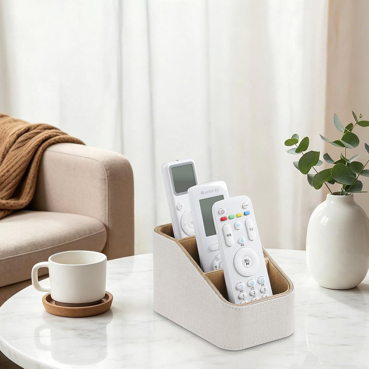 Remote Control Holder, PU Leather Nightstand Organizer (Linen)