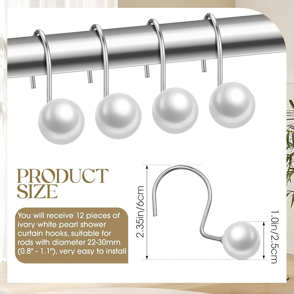 Threehoney 12 Pcs Cute Shower Curtain Hooks Shower Curtain Ring,Ivory