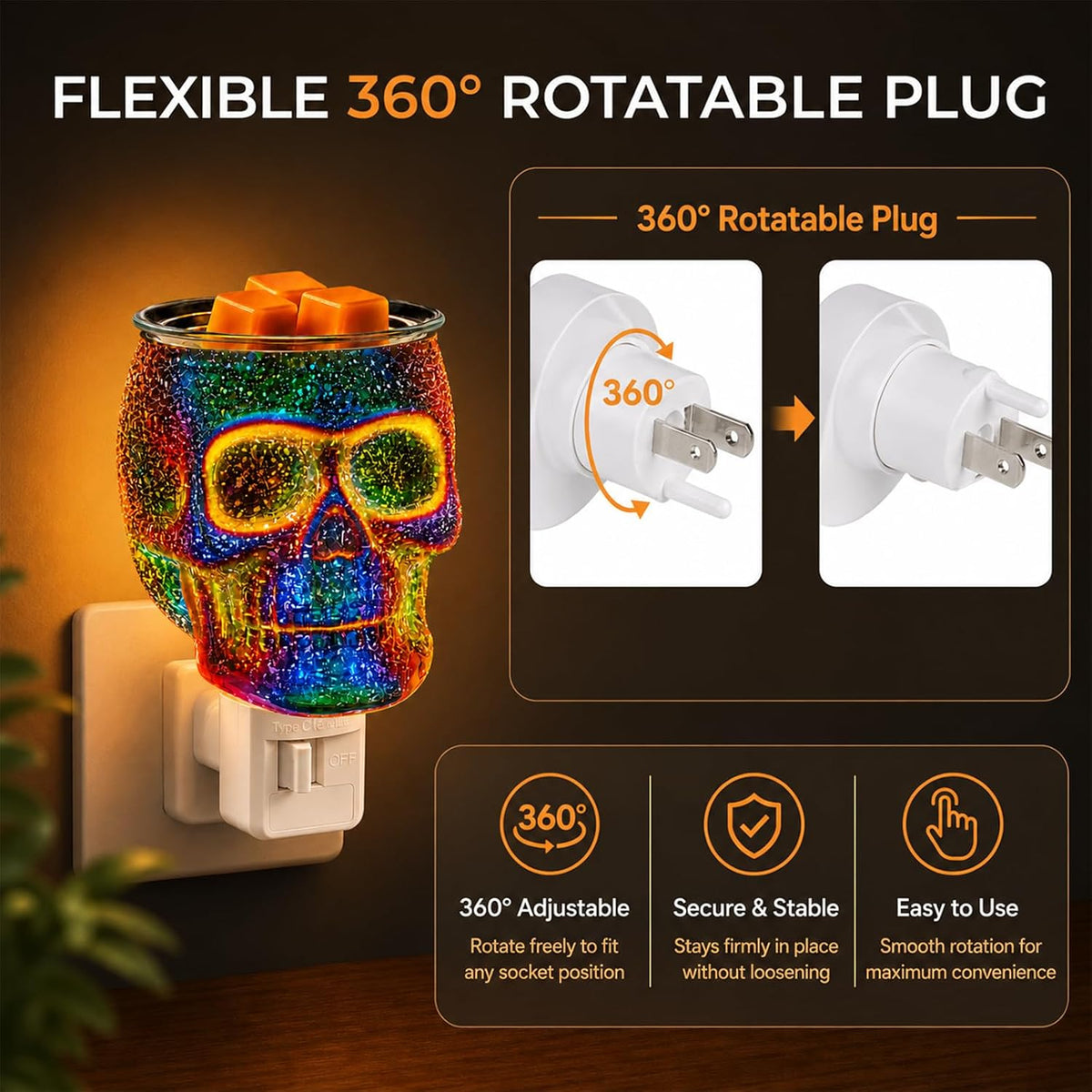 Wax Melt Warmer, Plug in Skull Wax Warmer for Scented Wax & Fragrance Oil, 3D Glass Wax Melter with Spare Bulb, Scentsy Night Light for Home Decor & Gift