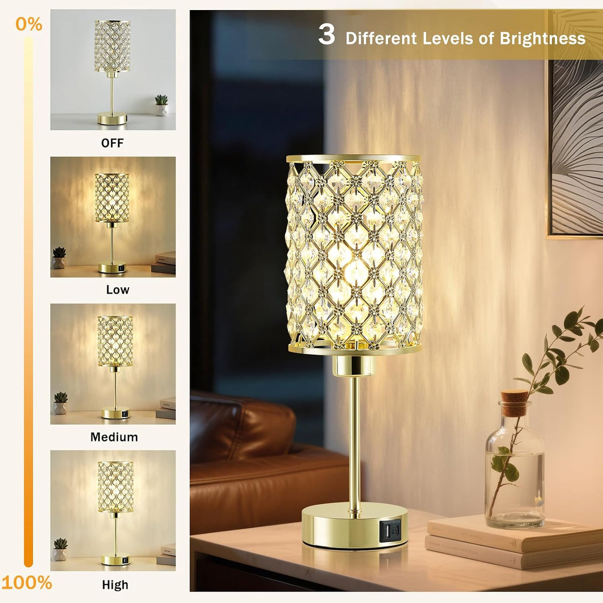 GyroVu Gold Crystal Bedside Table Lamps Set of 2 with USB C+A Ports