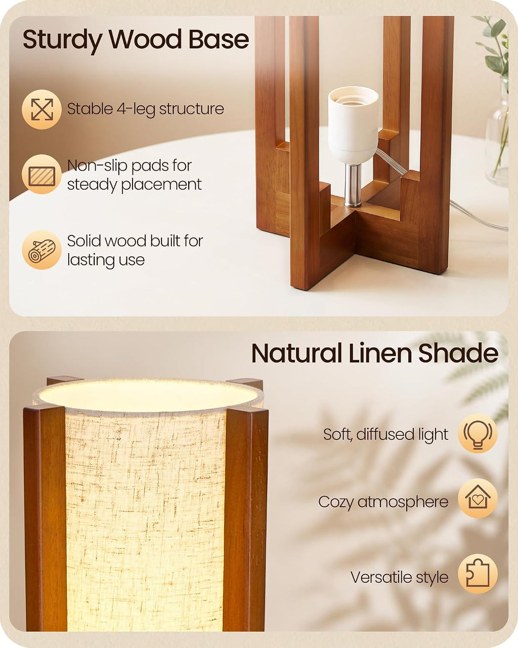 Small Table Lamp, 13.4" Wood Bedside Lamp with A19 LED Bulb