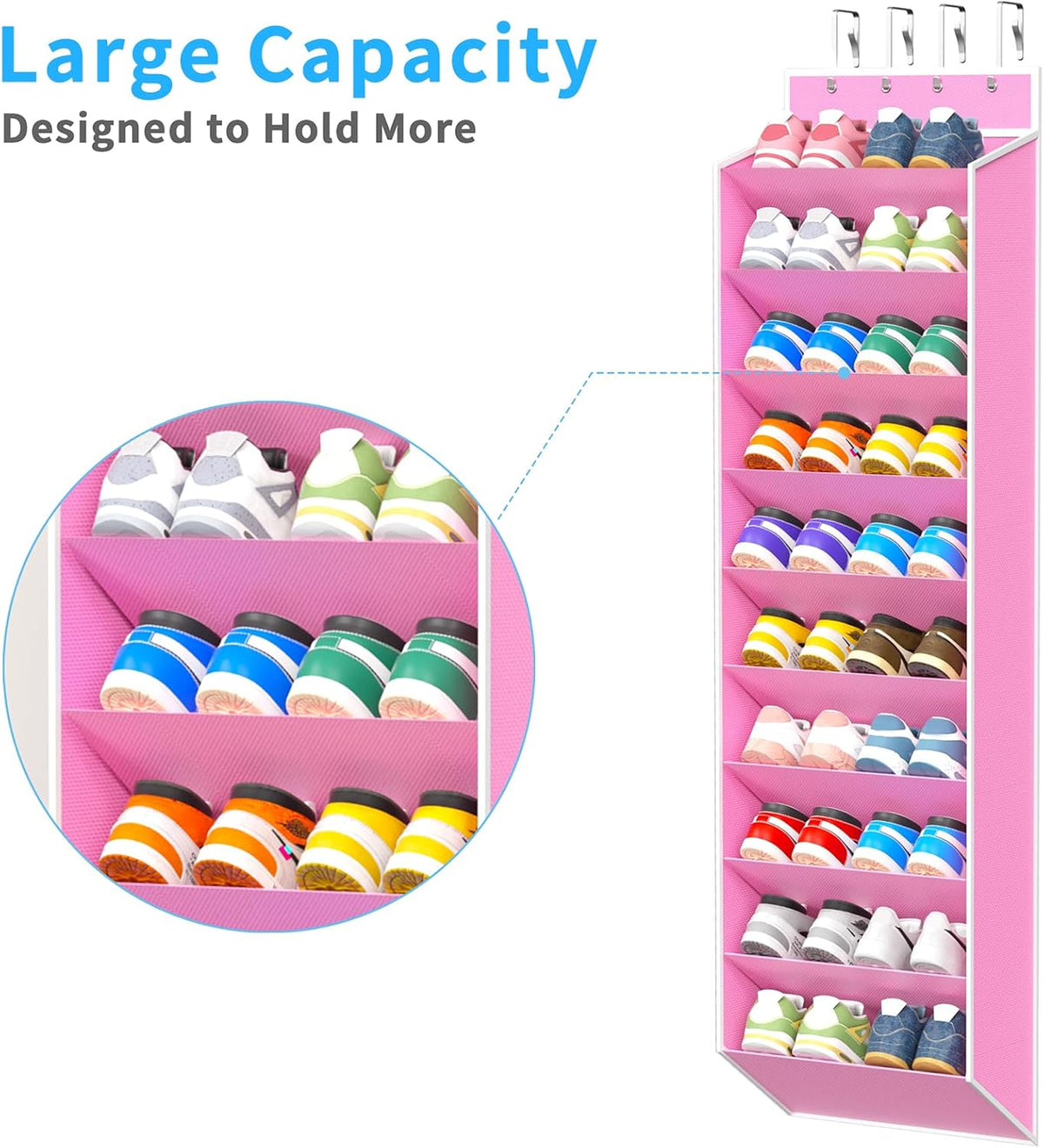 REGELETO 10-Tier Over the Door Shoe Organizer, Hanging Shoe Rack Holder with Deep Pockets for Sneakers Boots, Fits 20 Pairs Non-Woven Fabric with Stainless Steel Hooks. (Pink)