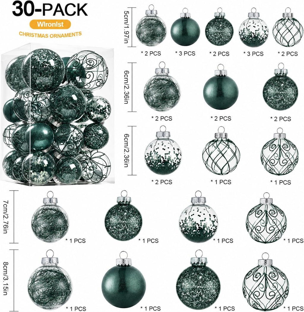 Wironlst Christmas Ball Ornaments Shatterproof Clear Large Plastic Hanging Ball Decorative Baubles Set with Stuffed Delicate Decorations (Multi-Siz, Dark Green)