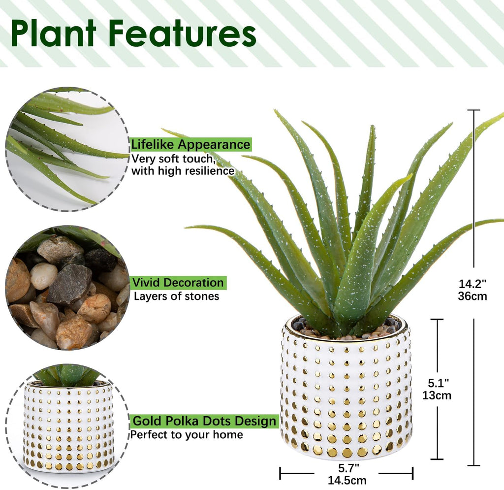 GnFlus Artificial Succulent Aloe Plants 14.2 Inch Large Faux Succulents with Ceramic Pot Fake Aloe Potted Plant for Home Indoor Bathroom Table Bedroom Shelf Office Decor