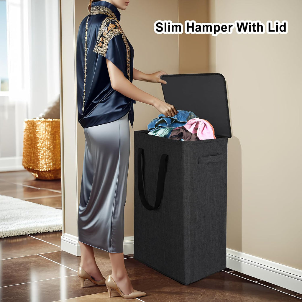 Odonata 75L Slim Laundry Hamper with Lid,Large Foldable Laundry Basket with Removable Bag and Handles Tall Collapsible Dirty Clothes Basket Great for Bedroom, Bathroom, Dorm, College,RV.(Black, 75L)
