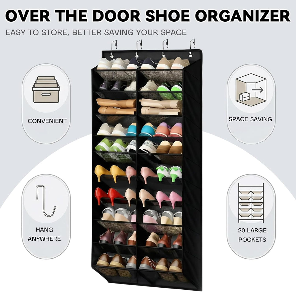 Over The Door Shoe Organizer Storage - Large Size Hanging Shoe Organizer Rack for Door Closet Holds 10 Tiers, Widened and Deep Pockets - Fit All The Family's Sneakers, Boots, Heels,Black