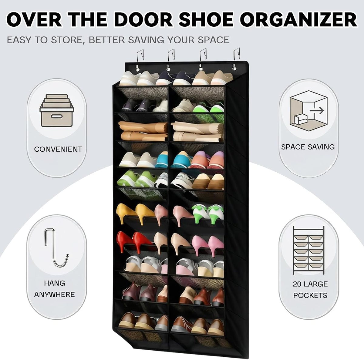 Over The Door Shoe Organizer Storage - Large Size Hanging Shoe Organizer Rack for Door Closet Holds 10 Tiers, Widened and Deep Pockets - Fit All The Family's Sneakers, Boots, Heels,Black