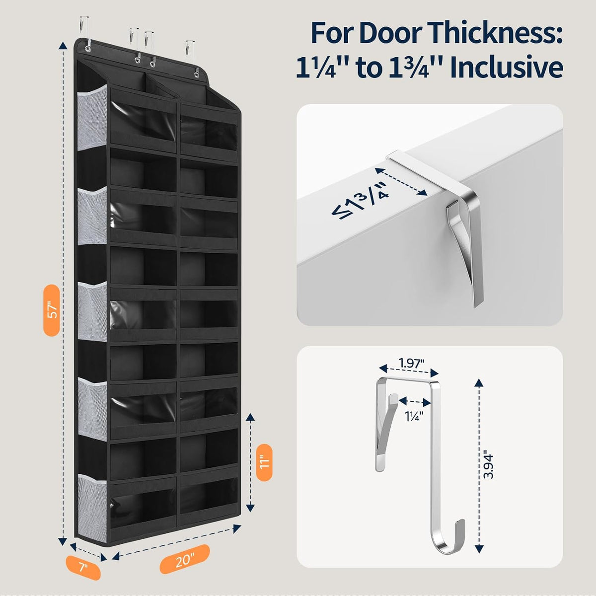 Yecaye 5-Tier Over The Door Organizer Dual-Column, 80lbs Load Over the Door Storage of 10 Compartments, Heavy Duty Door Organizer Hanging for Bedroom Closet Nursery Bathroom Pantry, Black, 2 Pack