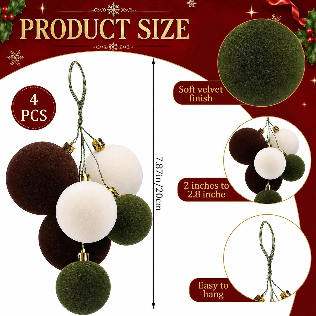 Roowest 4 Sets Large Neutral Velvet Christmas Ball Clusters Ornaments Decor