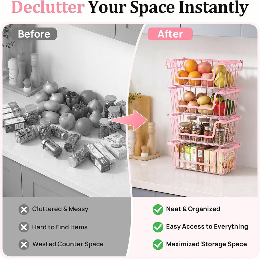 SUNALLY Stackable Storage Bins 6 Pcs Wire Baskets Freezer Organizer, Pink