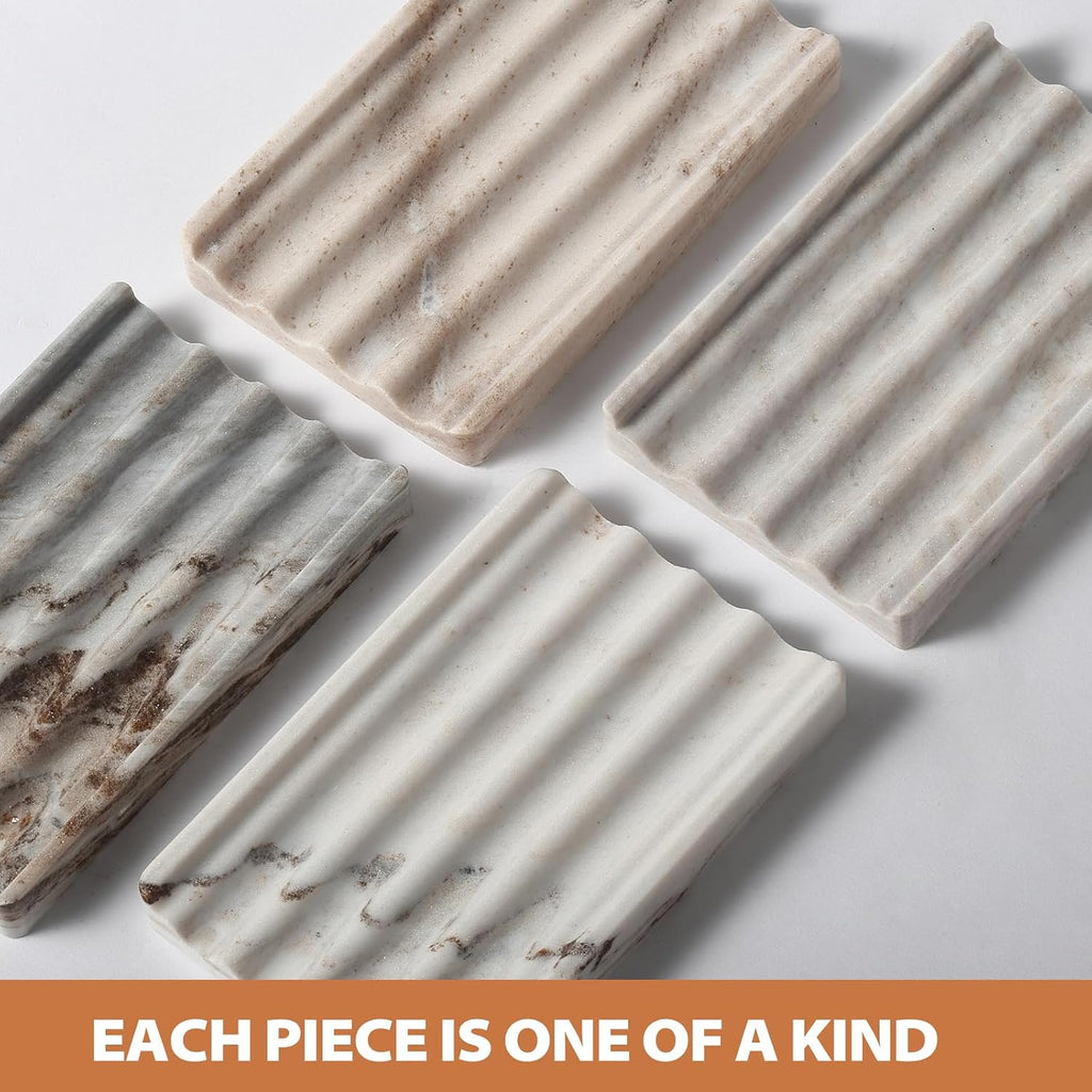 2PCS Koville Italian Natural Marble Soap Dish for Shower, Multi-Color Stone Soap Tray for Bathroom, Bar Soap Holder for Sink, Stripe Grooves Soap Saver Sponge Holder (White/Brown Random)