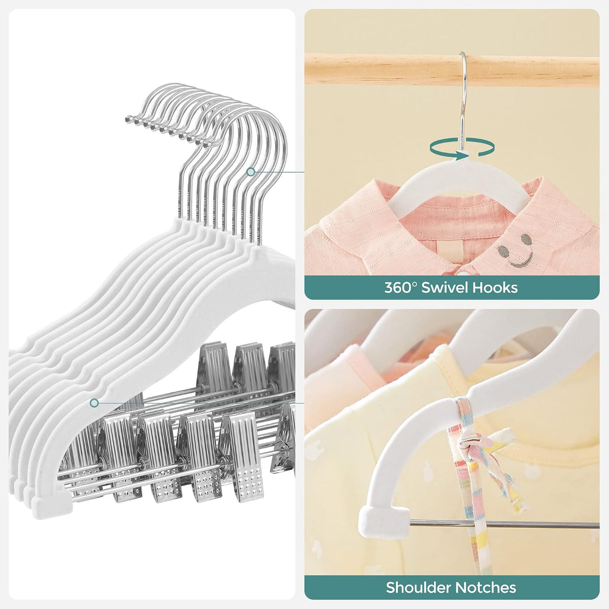 SONGMICS 30 Pack Baby Hangers, Non-Slip Pants Hangers with Clips