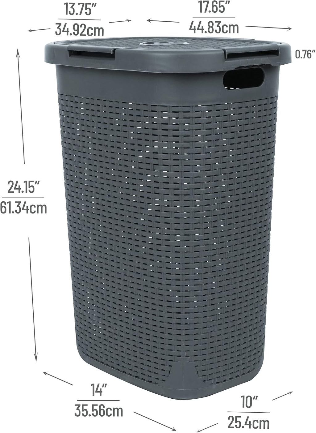 Mind Reader 60L Slim Plastic Hamper with Lid, Wicker Design, Gray