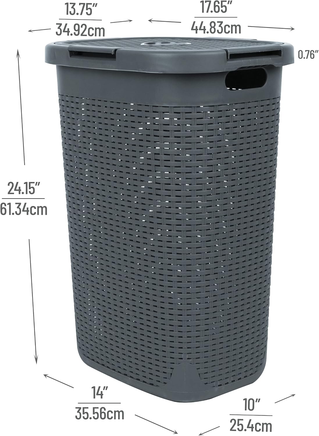 Mind Reader 60L Slim Plastic Hamper with Lid, Wicker Design, Gray