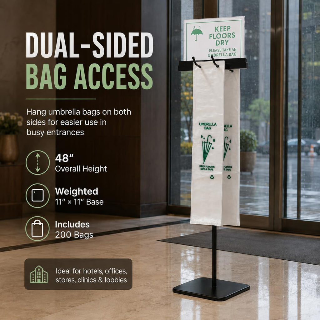 Umbrella Bag Stand with Sign Holder, 200 Bags, Weighted Base, 48 Inch