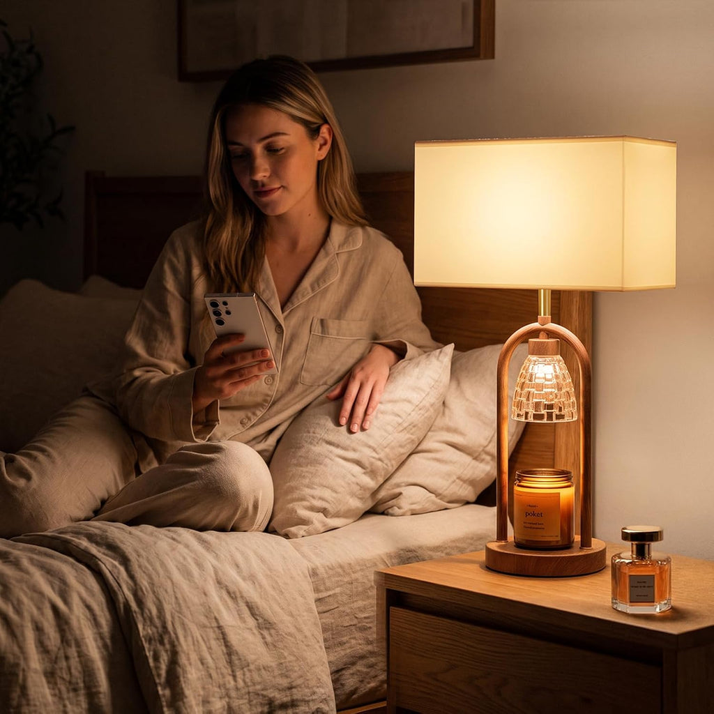 PoKat 22'' Farmhouse Table Lamp with Candle Warmer for Bedroom, Wood-Like