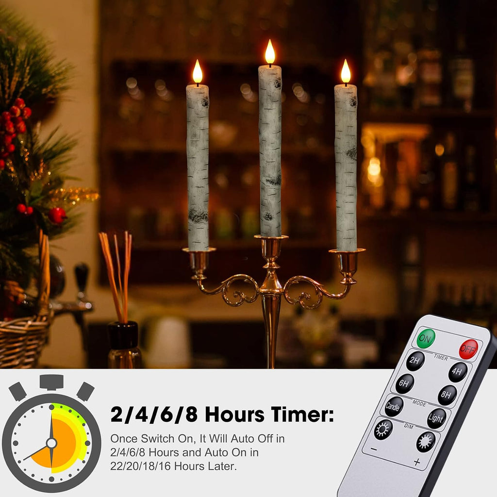PChero Flameless Taper Candles with Remote Timer, Birch Bark, Pack of 3