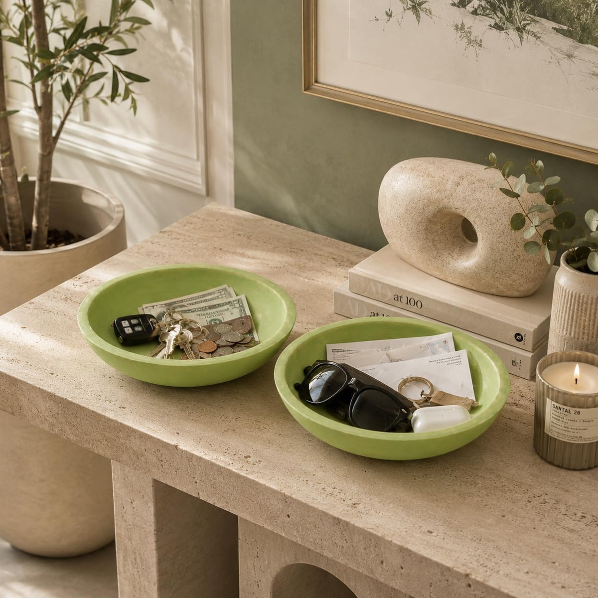 Set of 2 Wooden Decorative Bowl Wood Key Bowl For Entryway Decor Fruit Bowl