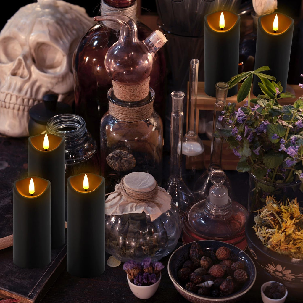 fclayvts Realistic Flameless LED Candle Black Set of 24, Battery Operated with Remote Control, 3D Flame Pillar Timer Funtion Melted Top Safe,Perfect for Indoor/Outdoor Decor,Wedding,BBQ and Gift