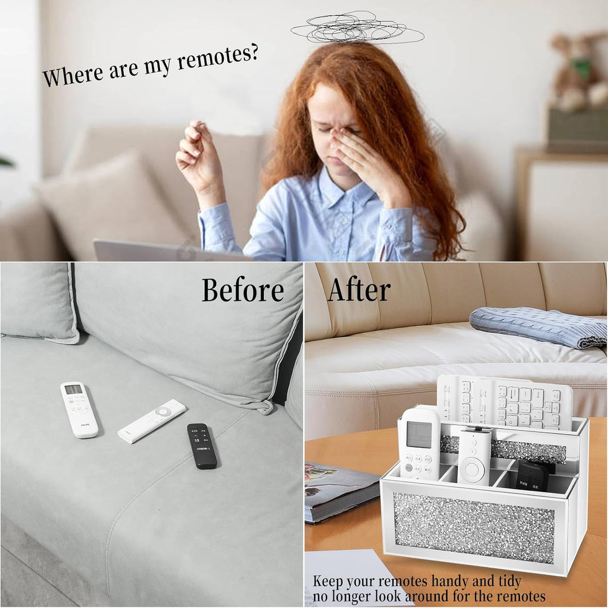 Mirrored Remote Control Holder, Crushed Diamond TV Remote Holder Wall Mount, Desk Organizers and Accessories for Phone, Pad, Pen and Pencil, Remote Caddy