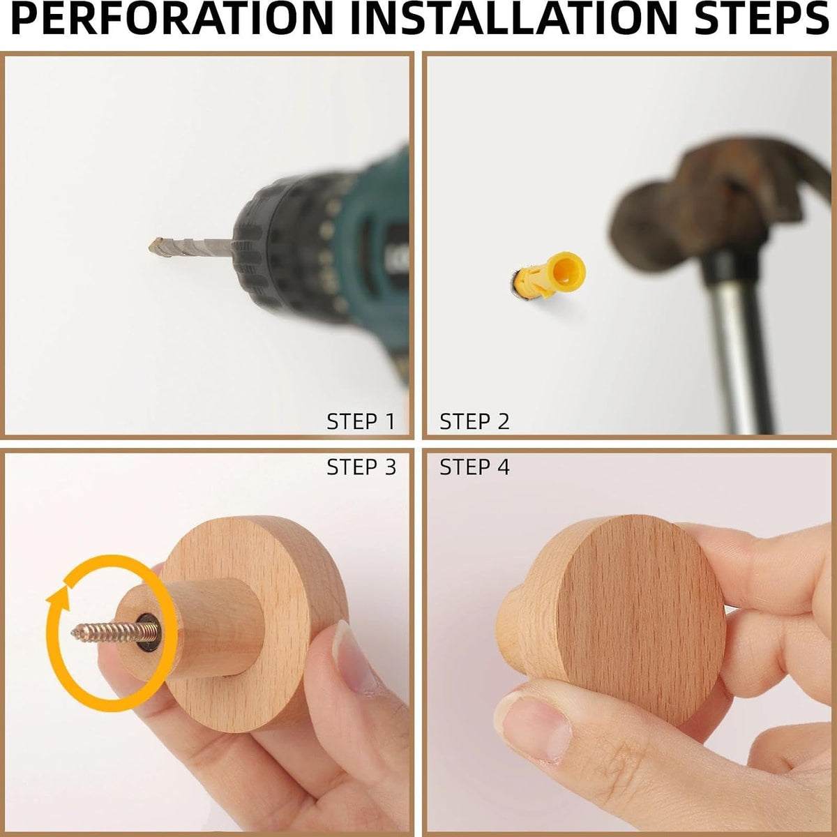 4 Pack Wood Wall Hooks Round Wooden Coat Hooks Adhesive Hooks Heavy Duty
