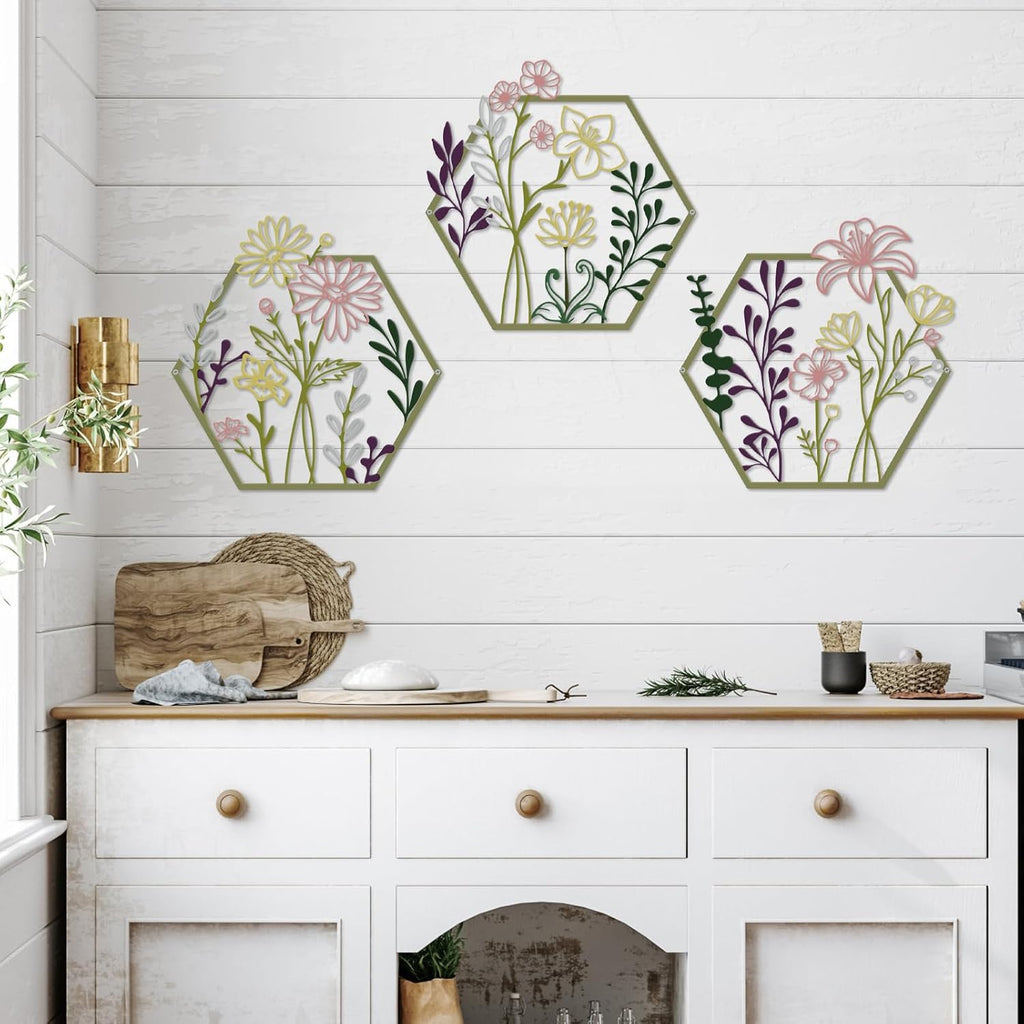 ESTART 3 Pcs Metal Flower Wall Decor, Minimalist Floral Wall Hanging Art