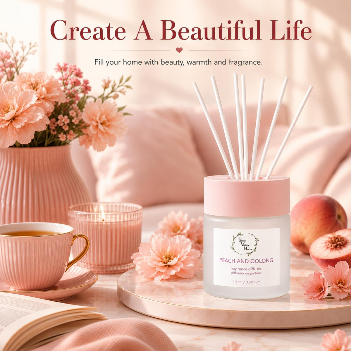 Reed Diffuser Set, Pretty Valley Home Diffuser 100Ml / 3.38fl OZ Gift Box - Includes Reed Diffuser Sticks, Fragrance Oil, and Glass Bottle for Bathroom Office Living Room Decor (White Peach & Oolong)