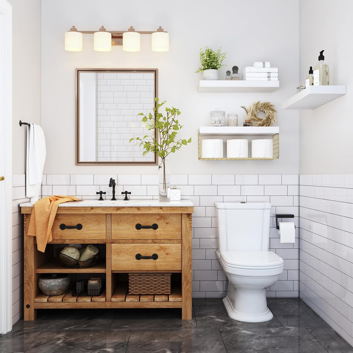QEEIG Bathroom Shelves Over Toilet Wall (White and Gold, Set of 3, 15.7")