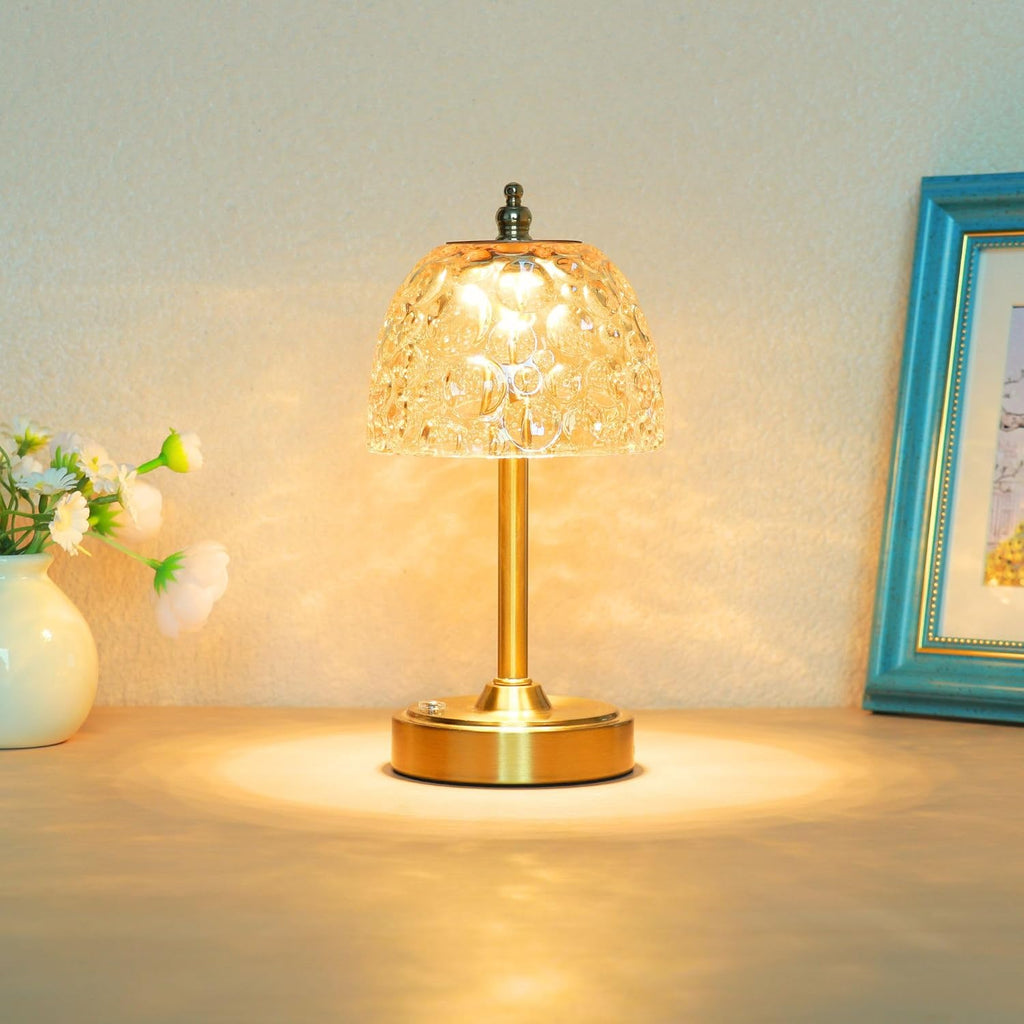 Cordless Rechargeable Table Lamp, Vintage Art Glass Shade, Dimmable, Brown