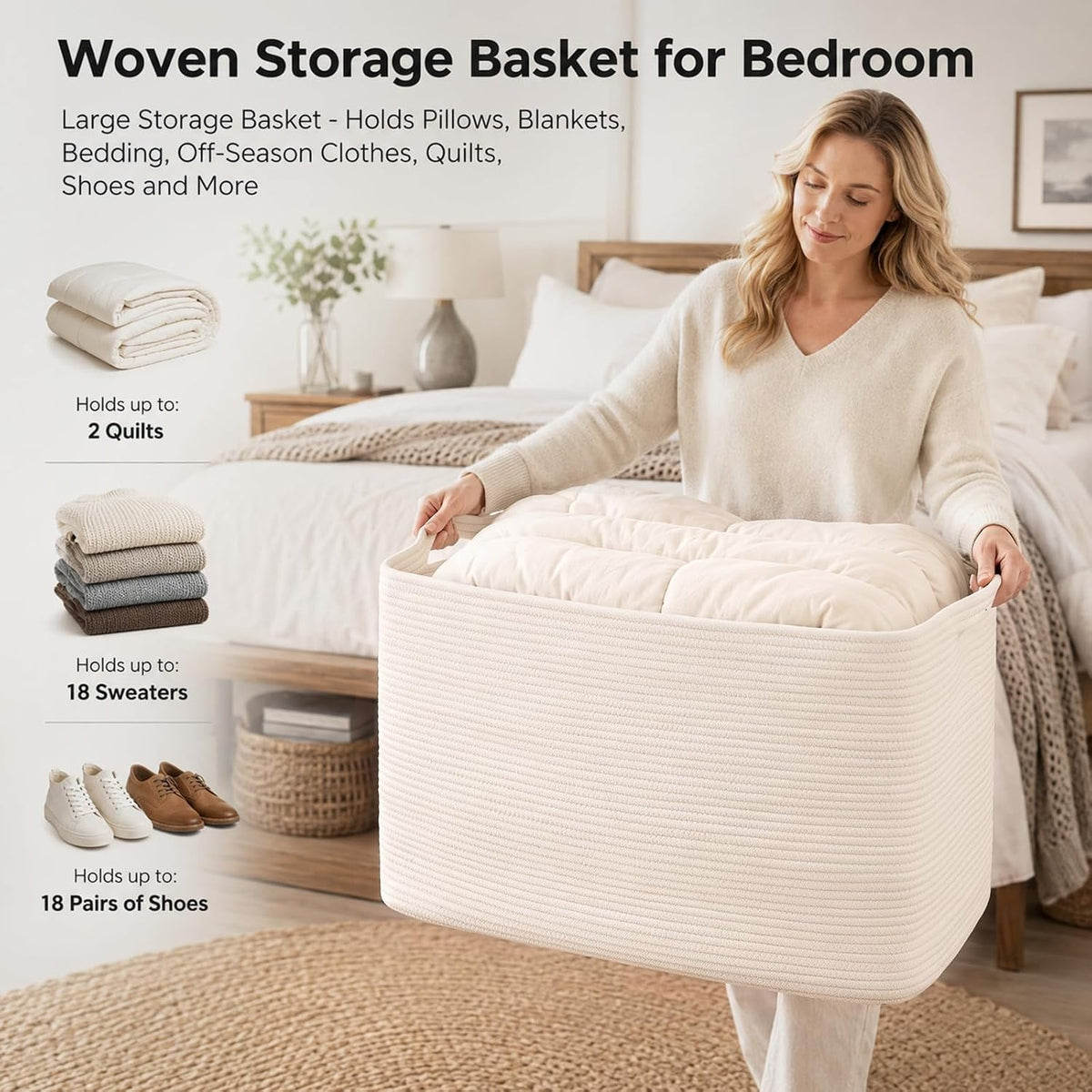 OIASKET 108L Extra Large Blanket Basket Living Room, 24.8" x 16.2" x 16.2"