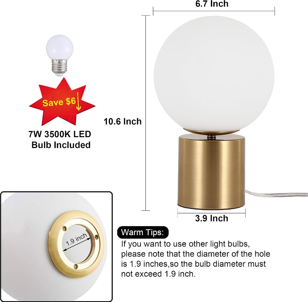 Modern Mid Century Gold Globe Table Lamp Set of 2, Round Bedside Nightstand Lamp with White Glass Shade Metal Base Desk Lamp for Bedroom Living Room End Table