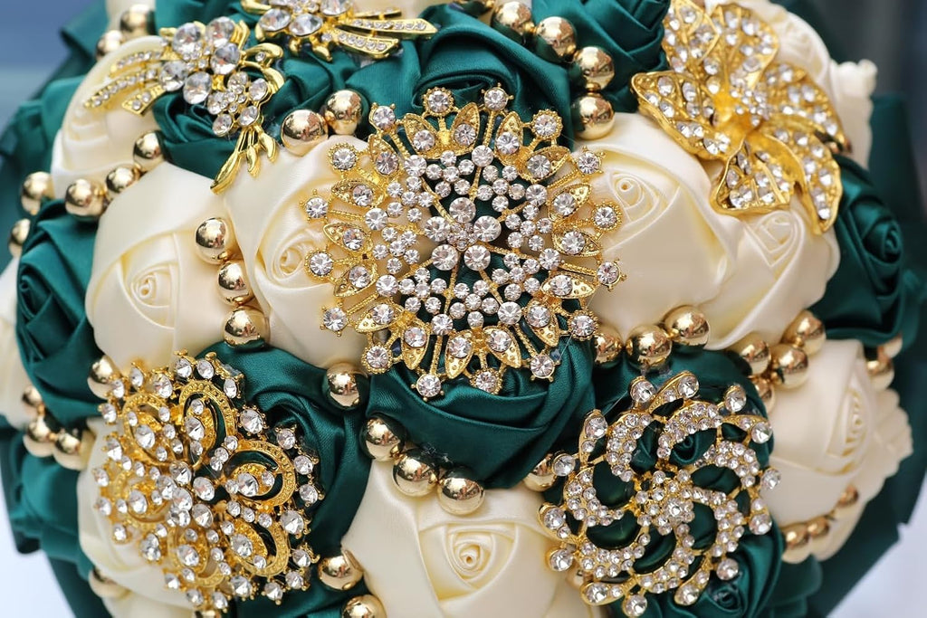 Emerald Green and Ivory Bridal Wedding Bouquet with Gold Brooch Rhinestone Pearl Satin Rose Flower Bouquet for Bride Bridesmaid Quinceanera Wedding Emerald Green and Ivory 7.1in