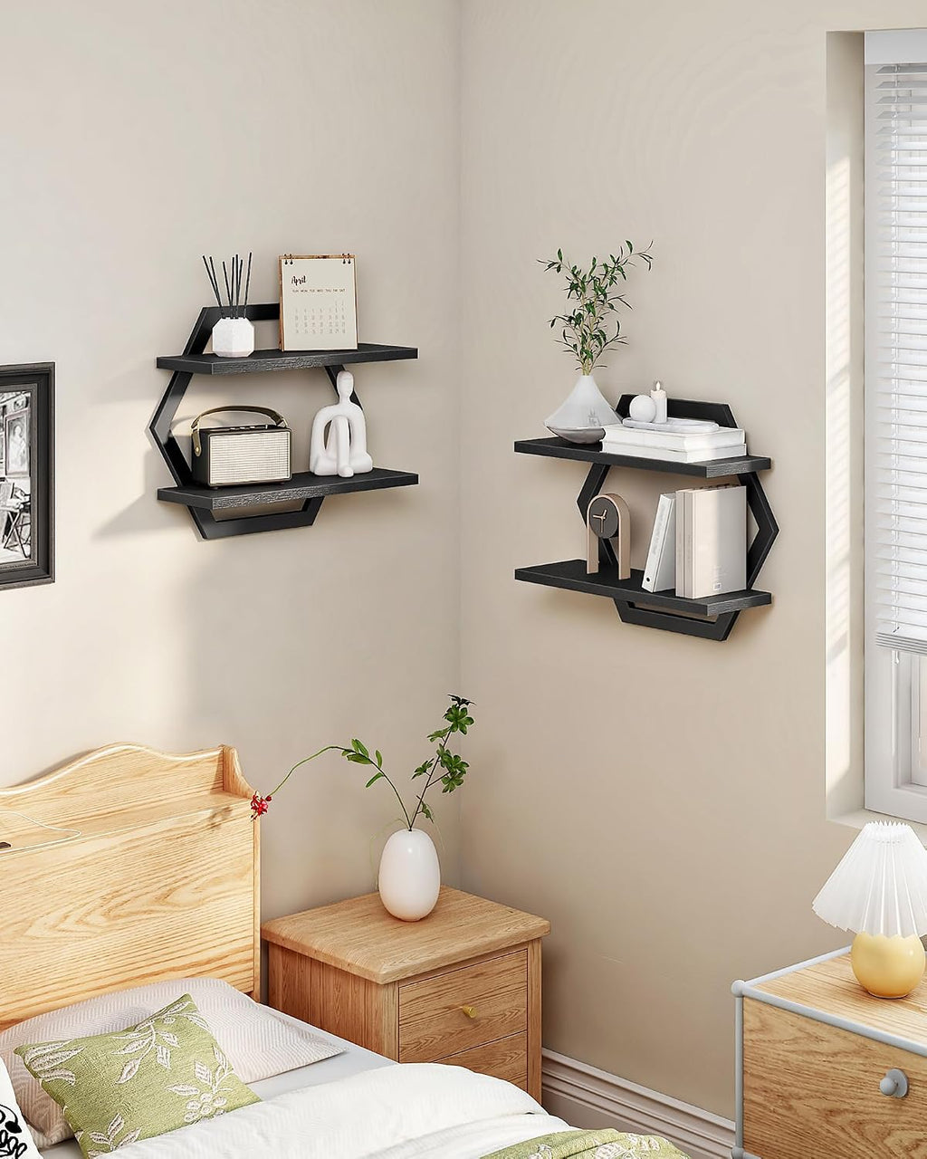 CHOEZON Hexagon Floating Shelves for Wall, Set of 2, 2 -Tier Hanging Shelves, Wall Mounted Storage Shelves, for Living Room, Bedroom, Kitchen, Home Office, Study, Black TBJ06P2BB