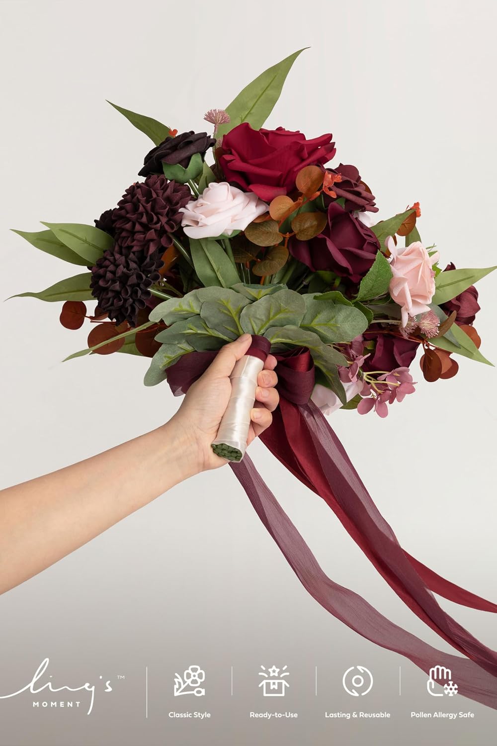 Ling's moment Freeform Bridal Bouquet Burgundy Wedding Bouquets for Bride