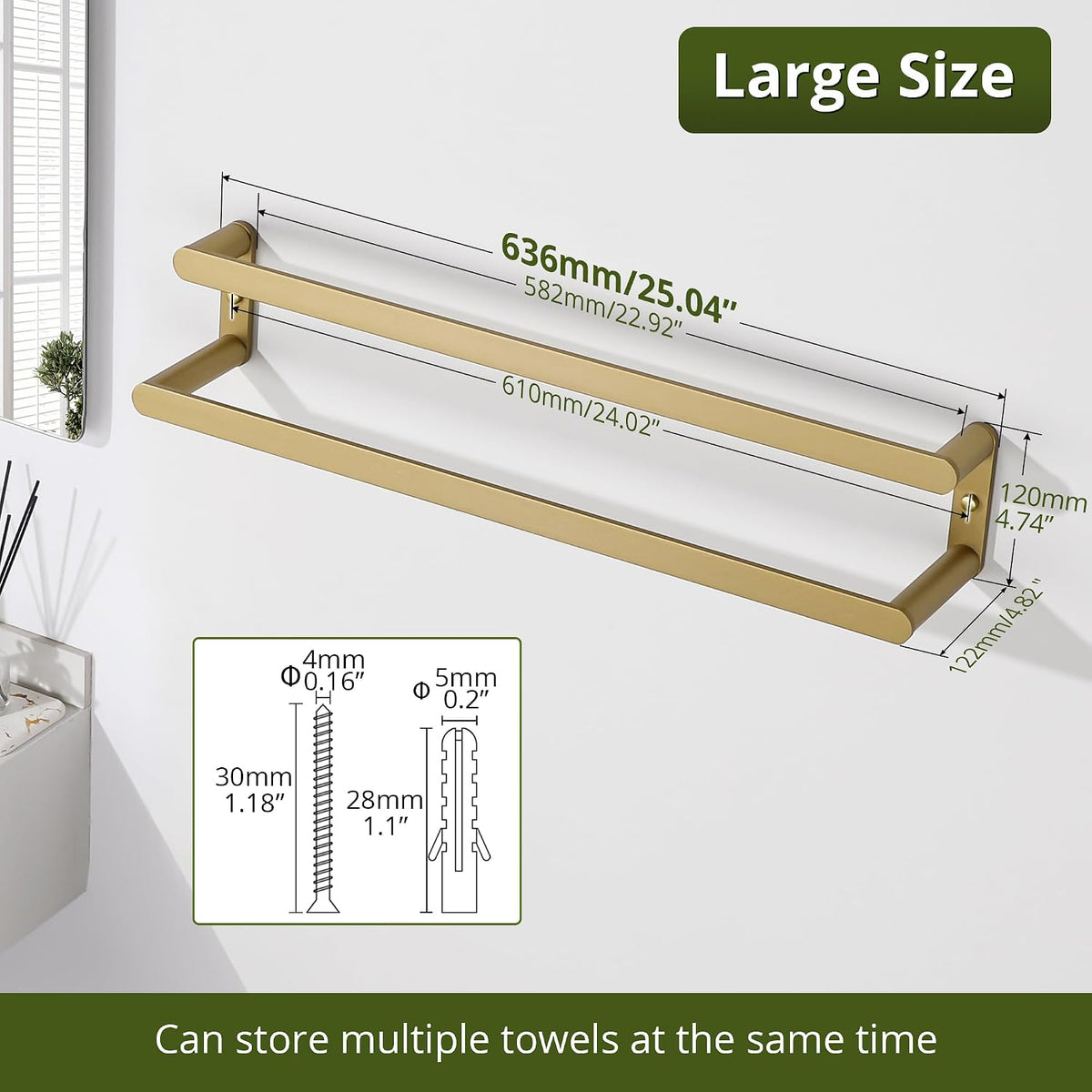 SAYAYO Double Towel Bar for Bathroom Wall, 2 Tier 24 Inch Gold Towel Rack