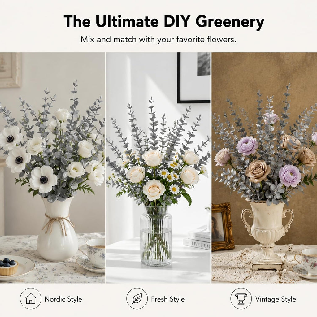 18 Pcs Artificial Eucalyptus Stems Frosted Silver Leaves Fake Greenery Branches Faux Flowers Bouquet for Home Decor Wedding Centerpiece Table Decoration