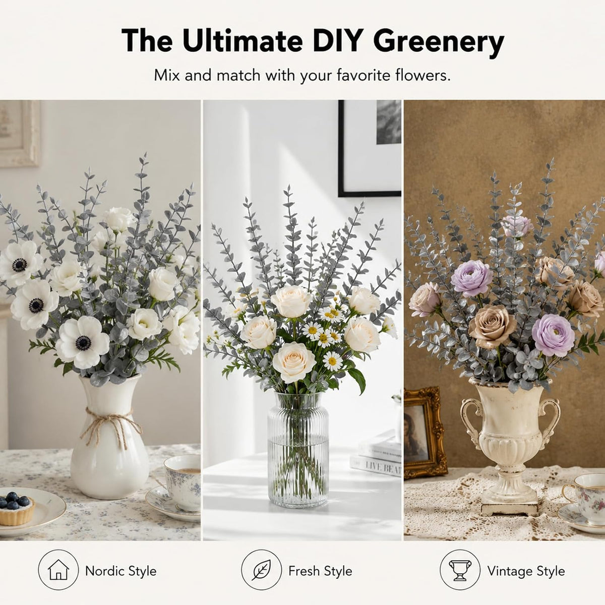 18 Pcs Artificial Eucalyptus Stems Frosted Silver Leaves Fake Greenery Branches Faux Flowers Bouquet for Home Decor Wedding Centerpiece Table Decoration