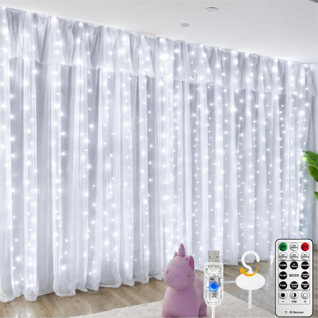 Fairy Curtain Light, 600LED 19.6x9.8ft, Remote & 8 Modes, USB