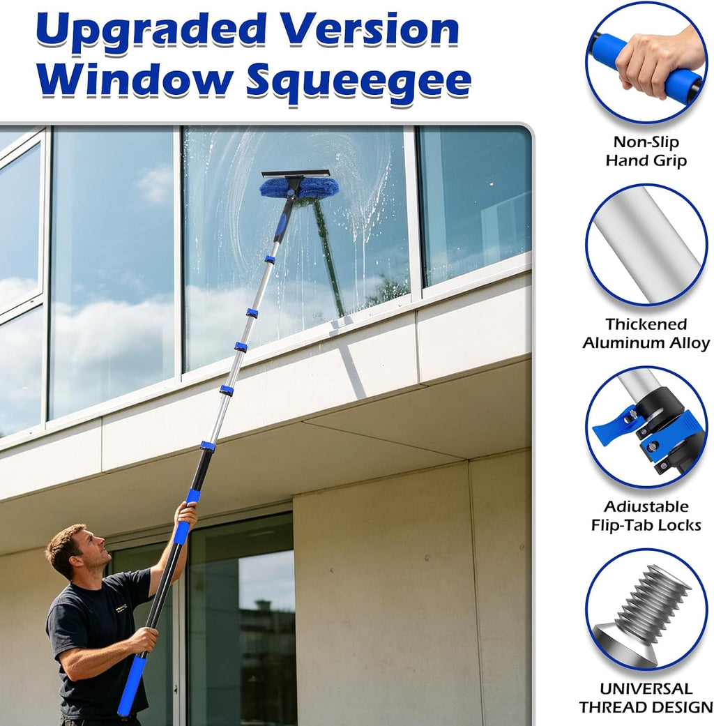 30FT Reach Window Squeegee Kit with Extension Pole, 2-in-1 Window Squeegee