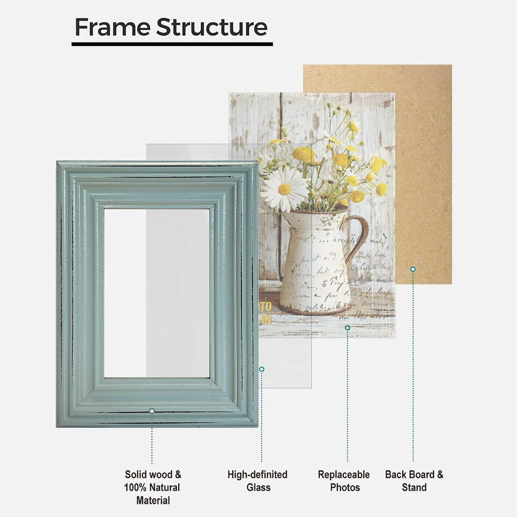 Distressed Shabby Chic 4"x6" Wooden Picture Frames 3pcs (Aqua Gray White)