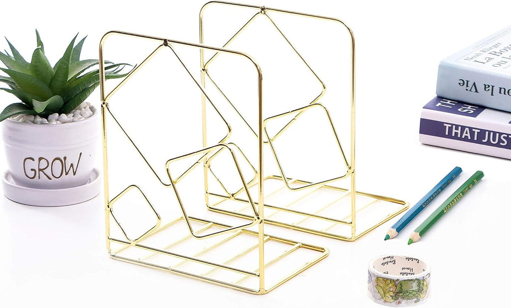 Agirlgle Bookends Metal Book Ends Heavy Duty Modern Decorative Bookend Bookshelf Decor for Home Library Office School Book Display Desktop Organizer Gift (Gold)